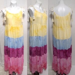 NWT White Birch Pastel Tie Dye Flowy Maxi Dress Medium Boho Chic Rainbow Summer
